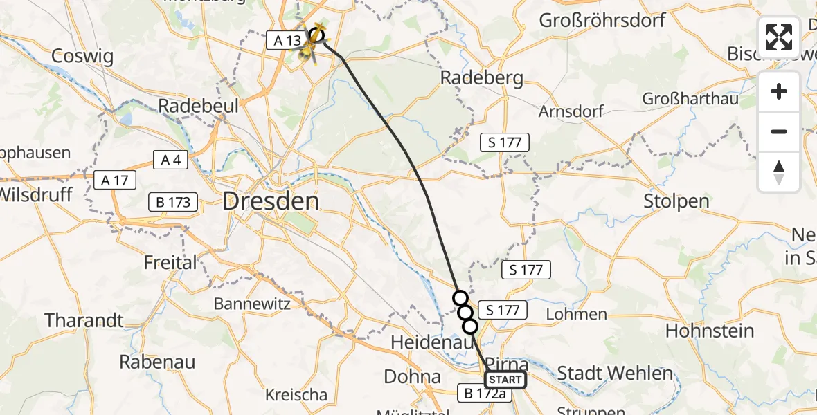 Flugroute Rettungshubschrauber Pirna - Dresden Bundespolizei Hubschrauberlandeplatz, 12 Juni 2026, 09:56