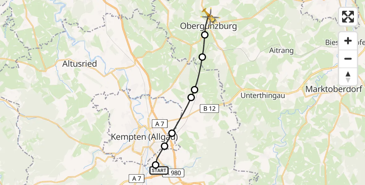 Flugroute Rettungshubschrauber Kempten-Durach Flugplatz - Obergünzburg, 12 Juni 2026, 09:56