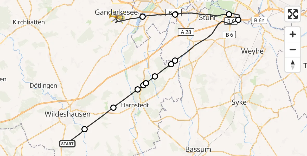 Flugroute Rettungshubschrauber Wildeshausen - Ganderkesee, 12 Juni 2026, 09:58