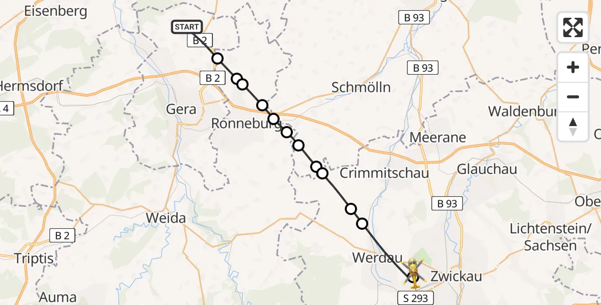 Flugroute Rettungshubschrauber Gera - ADAC Air Rescue Station Zwickau Hubschrauberlandeplatz, 12 Juni 2026, 10:01