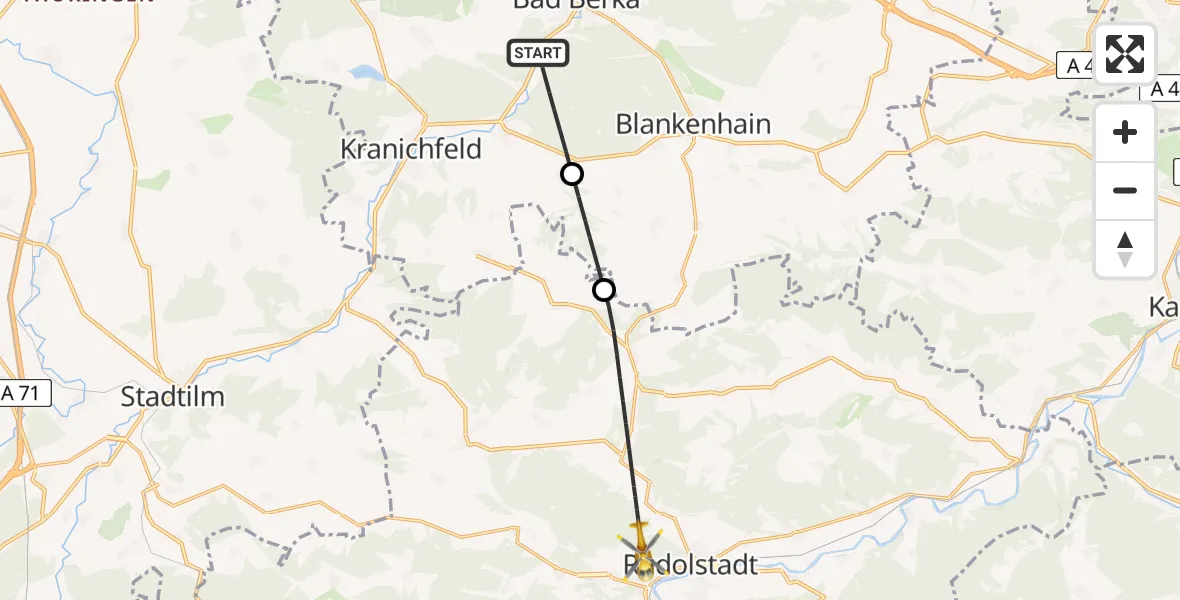 Flugroute Ambulanzhubschrauber Bad Berka - Rudolstadt, 12 Juni 2026, 10:01