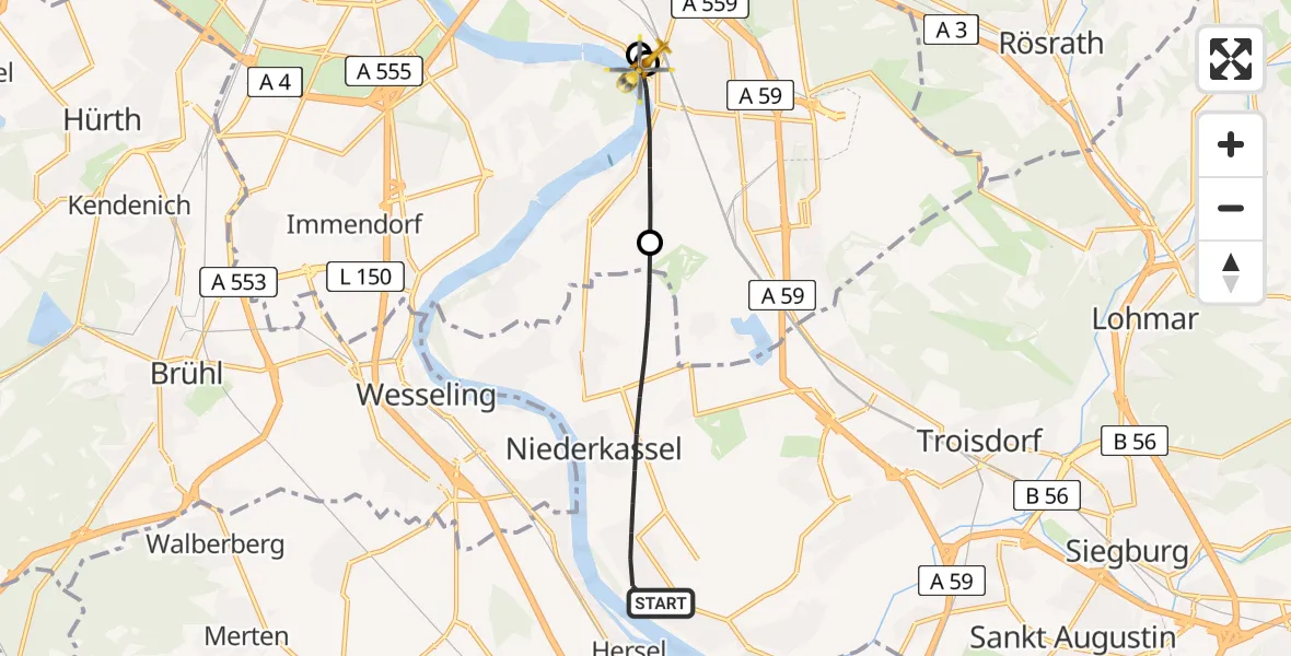 Flugroute Rettungshubschrauber Niederkassel - Porz am Rhein Hospital, 12 Juni 2026, 10:09