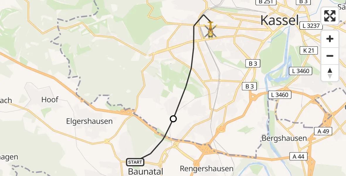 Flugroute Rettungshubschrauber Baunatal - Kassel, 12 Juni 2026, 10:20