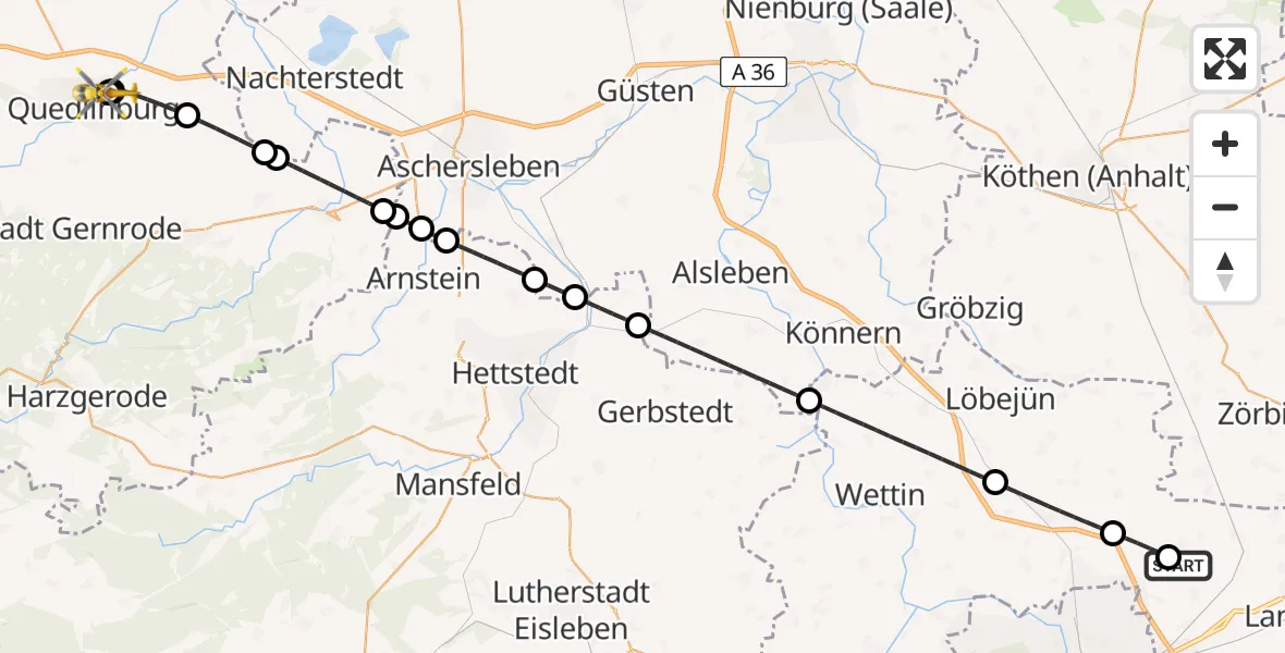 Flugroute Rettungshubschrauber Halle-Oppin Flugplatz - Harz Hospital Quedlinburg, 12 Juni 2026, 10:23