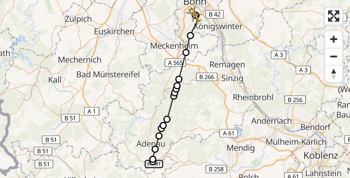 Flugroute Rettungshubschrauber Nürburgring Hubschrauberlandeplatz - Bonn University Hospital, 12 Juni 2026, 10:27