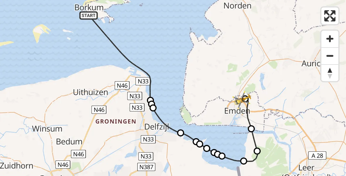 Flugroute Ambulanzhubschrauber Noordzee - Emden Flughafen, 12 Juni 2026, 10:27