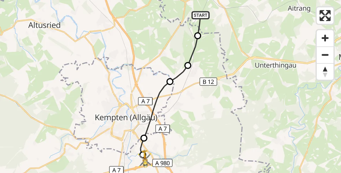 Flugroute Rettungshubschrauber Günzach - Kempten-Durach Flugplatz, 12 Juni 2026, 10:27