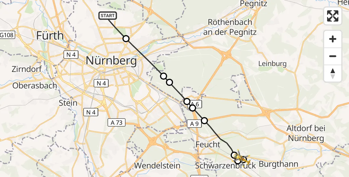 Flugroute Ambulanzhubschrauber Flughafen Nuremberg - Rummelsberg Hospital, 12 Juni 2026, 10:34