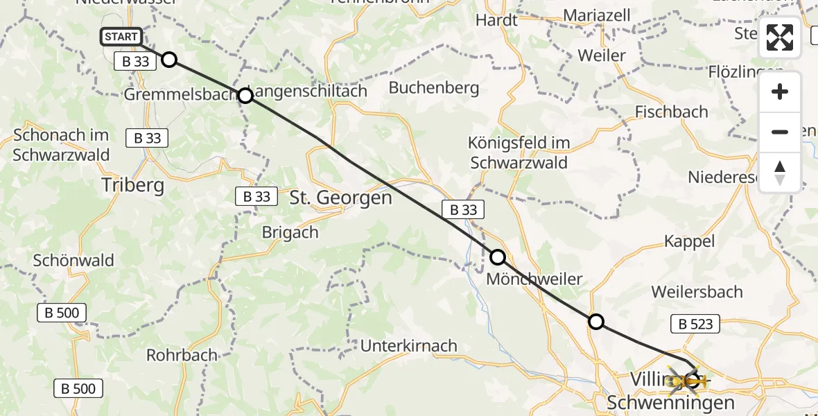 Flugroute Ambulanzhubschrauber Hornberg - DRF Air Rescue Station Villingen-Schwenningen Hubschrauberlandeplatz (Christoph 11), 12 Juni 2026, 10:34
