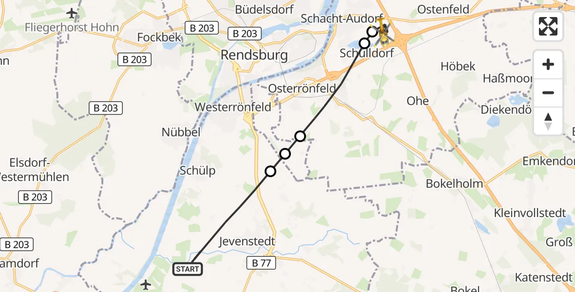 Flugroute Ambulanzhubschrauber Jevenstedt - Schacht-Audorf, 12 Juni 2026, 10:36