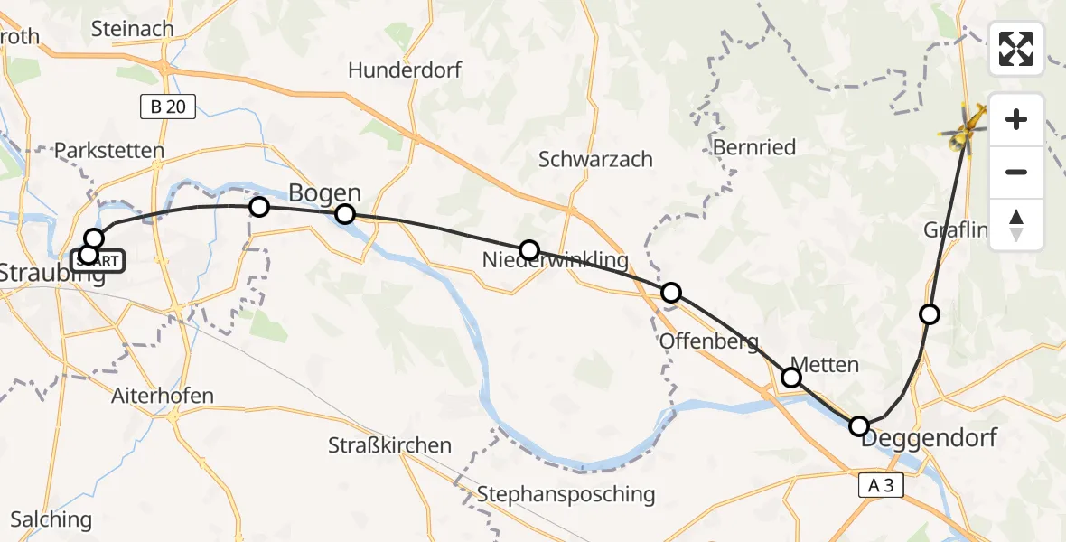 Flugroute Rettungshubschrauber Sankt Elisabeth Hospital Straubing - Grafling, 12 Juni 2026, 10:39
