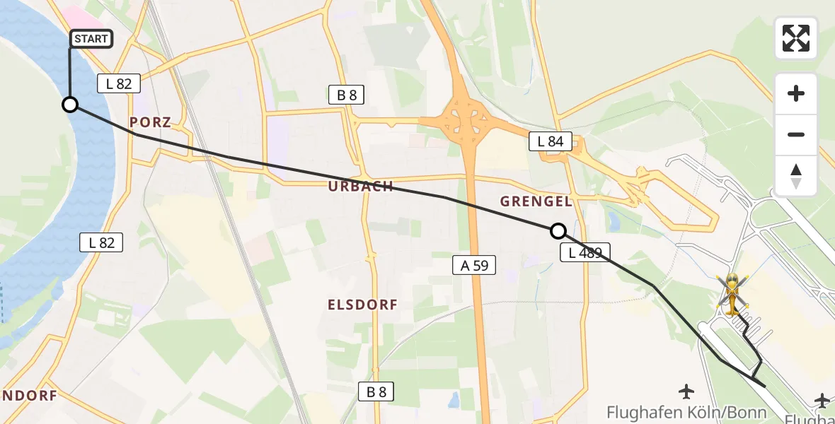 Flugroute Rettungshubschrauber Porz am Rhein Hospital - Köln Bonn Flughafen, 12 Juni 2026, 10:39