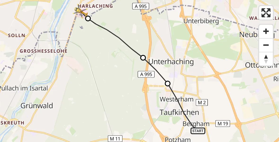 Flugroute Rettungshubschrauber Taufkirchen - ADAC Air Rescue Center Hubschrauberlandeplatz (Christoph 1), 12 Juni 2026, 11:06