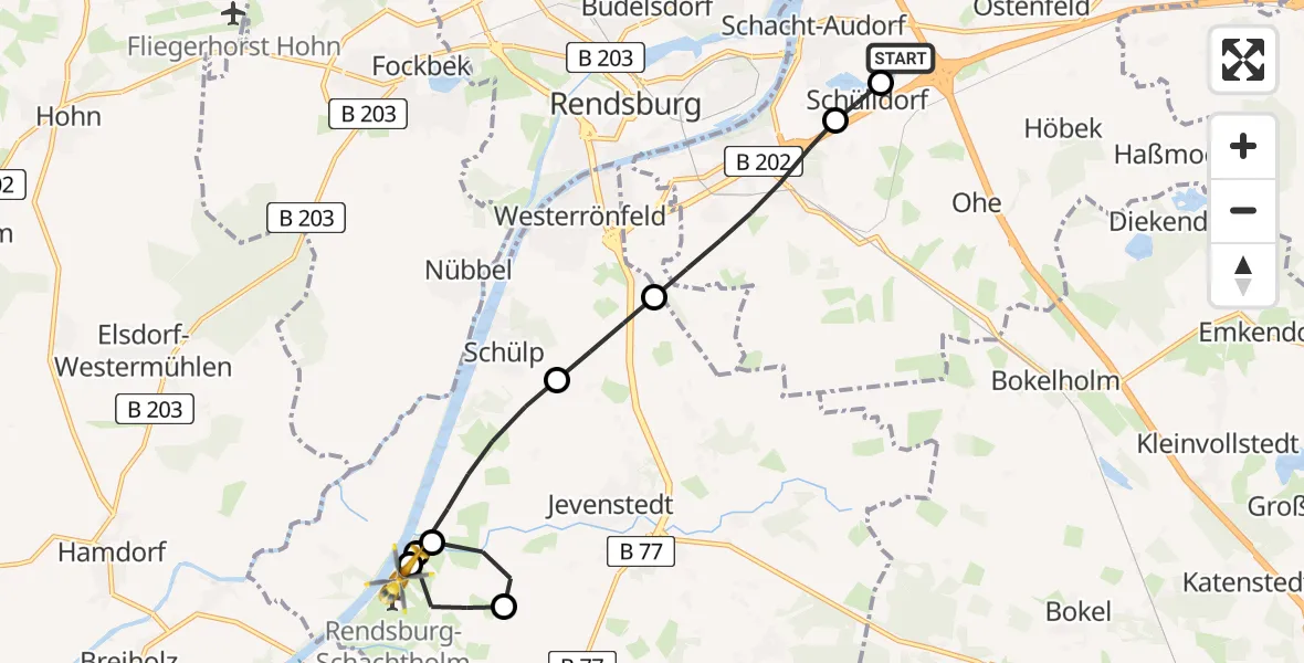 Flugroute Ambulanzhubschrauber Schacht-Audorf - Rendsburg-Schachtholm Flugplatz, 12 Juni 2026, 11:12