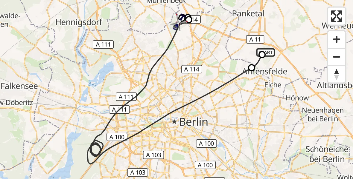 Flugroute Polizeihubschrauber Ahrensfelde Hubschrauberlandeplatz - Berlin, 12 Juni 2026, 11:13
