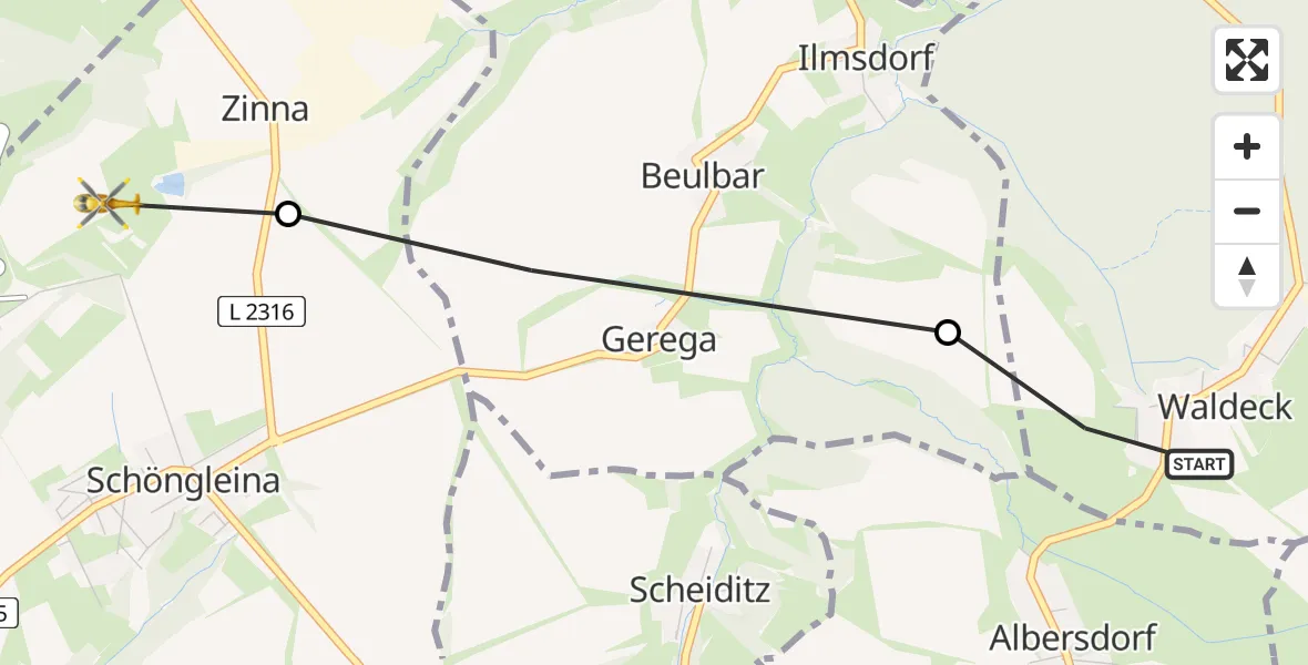 Flugroute Rettungshubschrauber Waldeck - Schöngleina, 12 Juni 2026, 11:12