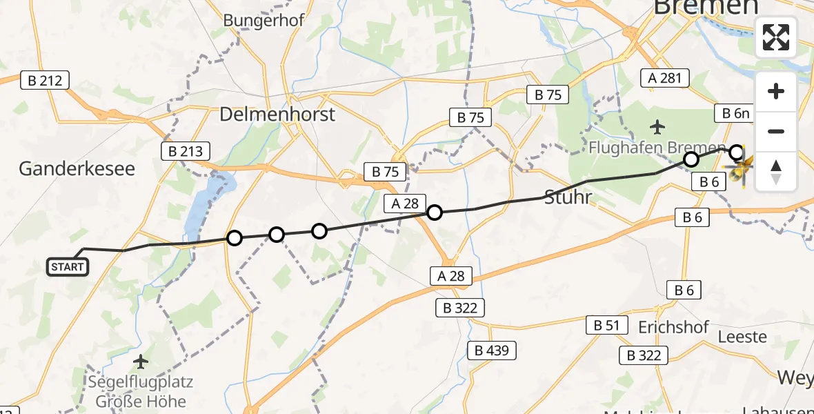 Flugroute Rettungshubschrauber Ganderkesee - ADAC Air Rescue Station Bremen Hubschrauberlandeplatz (Christoph 6), 12 Juni 2026, 11:22