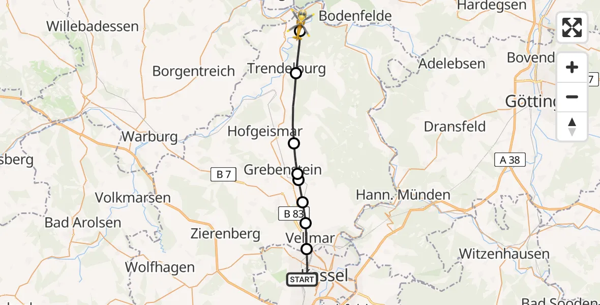 Flugroute Rettungshubschrauber Kassel - Bad Karlshafen, 12 Juni 2026, 11:26