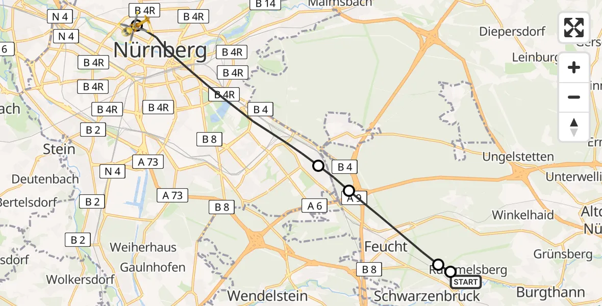 Flugroute Ambulanzhubschrauber Rummelsberg Hospital - Nürnberg North Hospital, 12 Juni 2026, 11:28