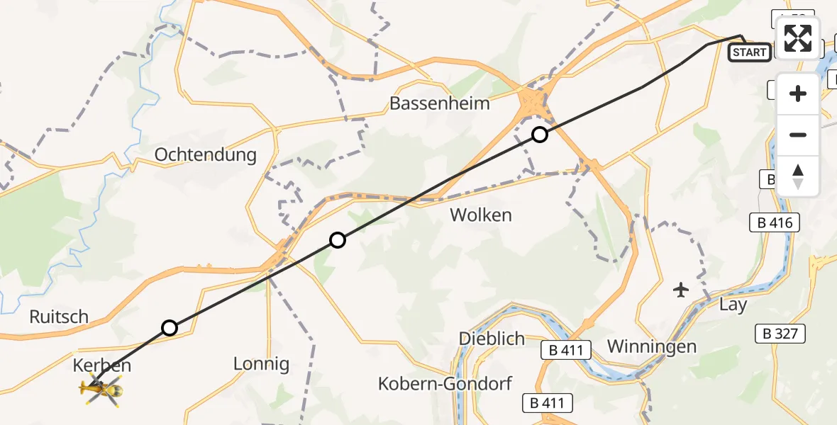 Flugroute Rettungshubschrauber Koblenz - Kerben, 12 Juni 2026, 11:32