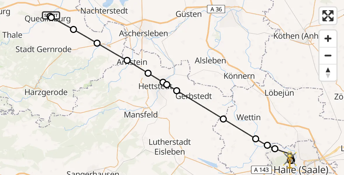 Flugroute Rettungshubschrauber Harz Hospital Quedlinburg - Halle (Saale) University Hospital, 12 Juni 2026, 11:43