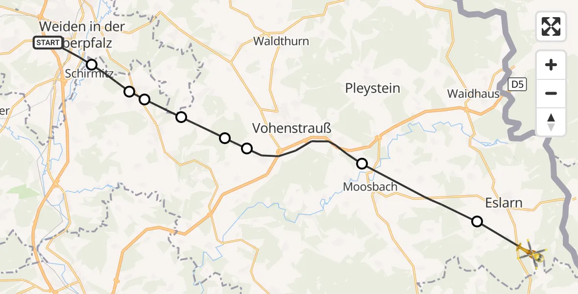 Flugroute Rettungshubschrauber Weiden i.d.OPf. - Eslarn, 12 Juni 2026, 11:49