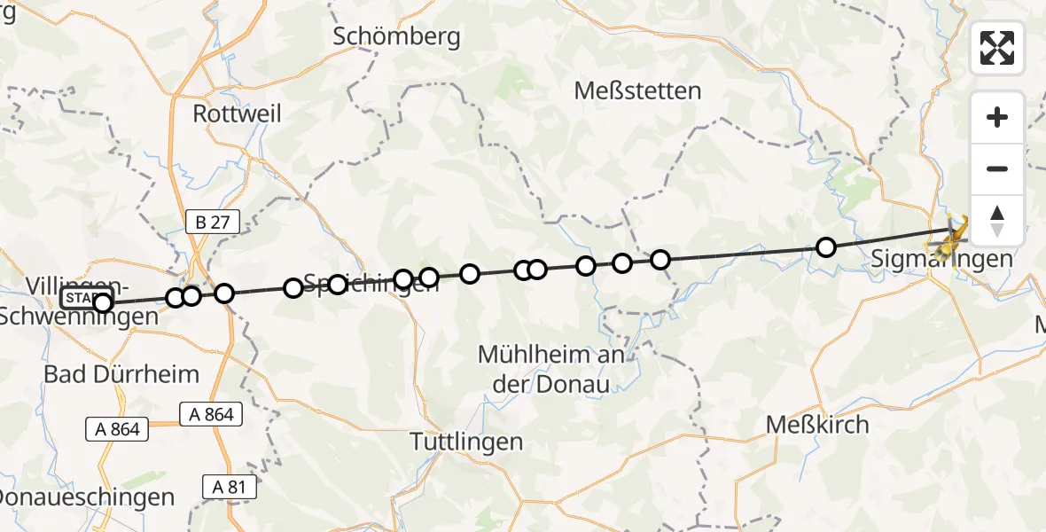 Flugroute Ambulanzhubschrauber DRF Air Rescue Station Villingen-Schwenningen Hubschrauberlandeplatz (Christoph 11) - Sigmaringen, 12 Juni 2026, 12:07