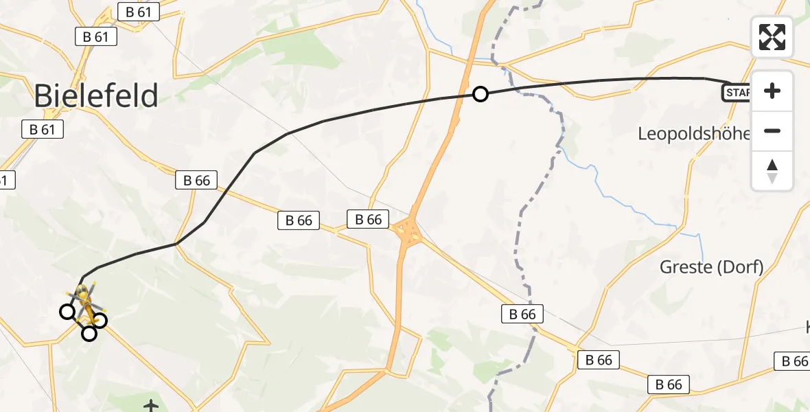 Flugroute Rettungshubschrauber Leopoldshöhe - Luftrettungszentrum Bielefeld, 12 Juni 2026, 12:10
