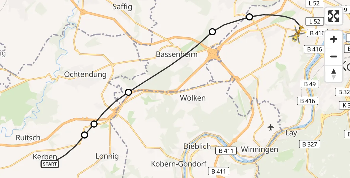 Flugroute Rettungshubschrauber Kerben - Koblenz, 12 Juni 2026, 12:12