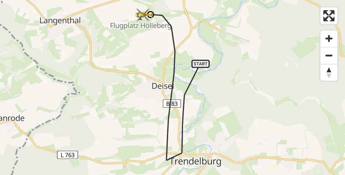 Flugroute Rettungshubschrauber Trendelburg - Hölleberg Flugplatz, 12 Juni 2026, 12:17