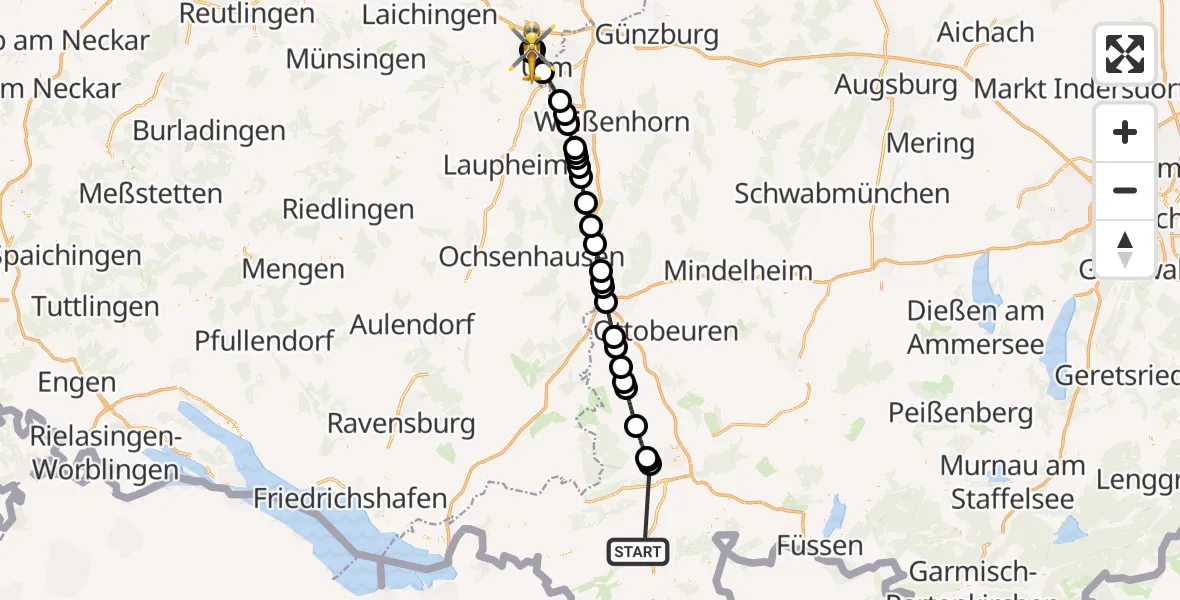 Flugroute Rettungshubschrauber Immenstadt i.Allgäu - Ulm Military Hospital Emergency Hubschrauberlandeplatz, 12 Juni 2026, 12:18