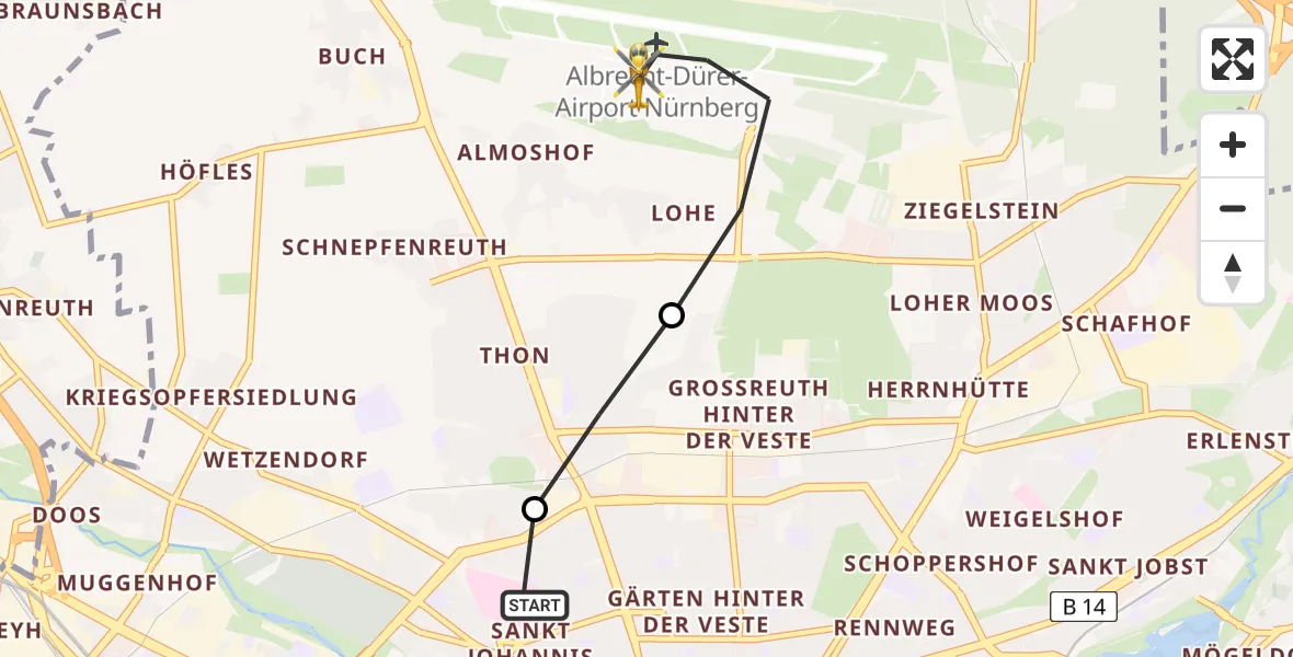 Flugroute Ambulanzhubschrauber Nürnberg North Hospital - Flughafen Nuremberg, 12 Juni 2026, 12:19