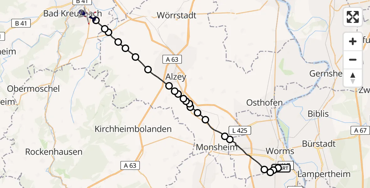 Flugroute Polizeihubschrauber Worms Flugplatz - Bad Kreuznach, 12 Juni 2026, 12:29