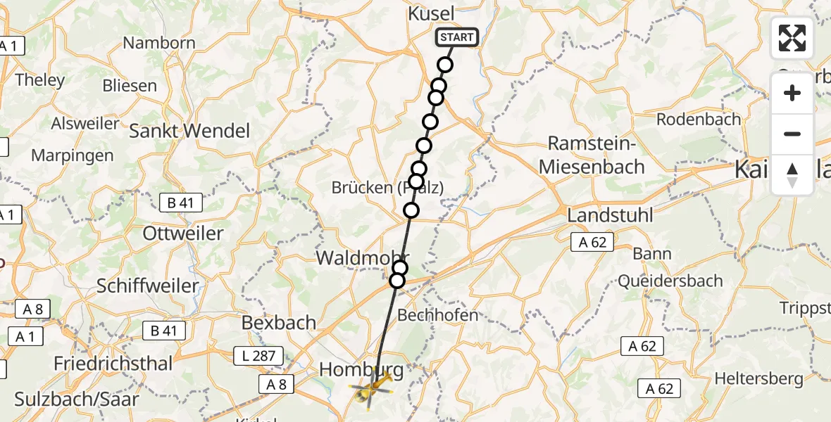 Flugroute Rettungshubschrauber Haschbach am Remigiusberg - Homburg, 12 Juni 2026, 12:40