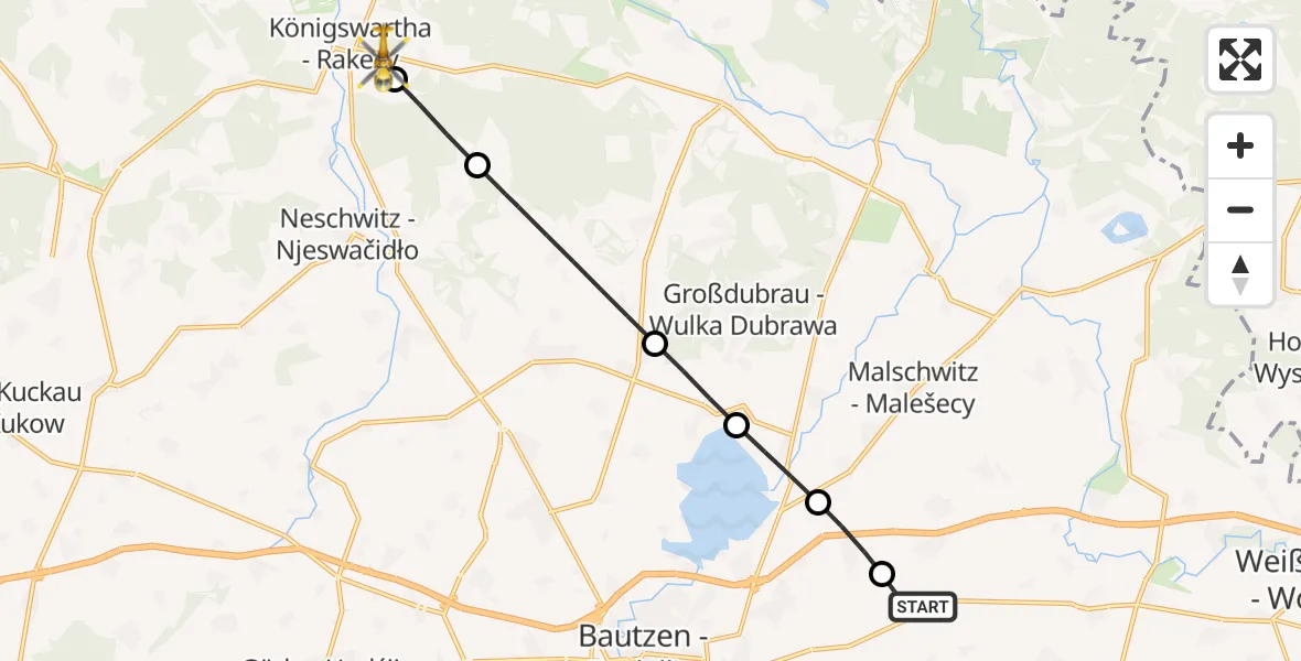 Flugroute Rettungshubschrauber Bautzen Flugplatz - Königswartha, 12 Juni 2026, 12:44