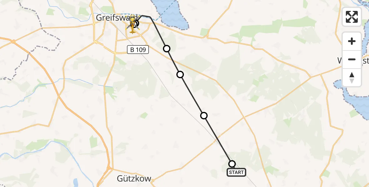 Flugroute Rettungshubschrauber Klein Bünzow - Greifswald Hospital, 12 Juni 2026, 12:45