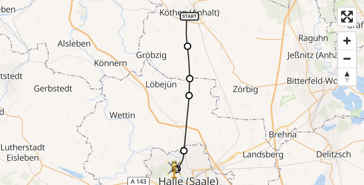 Flugroute Rettungshubschrauber Köthen (Anhalt) - Halle (Saale) University Hospital, 12 Juni 2026, 12:45