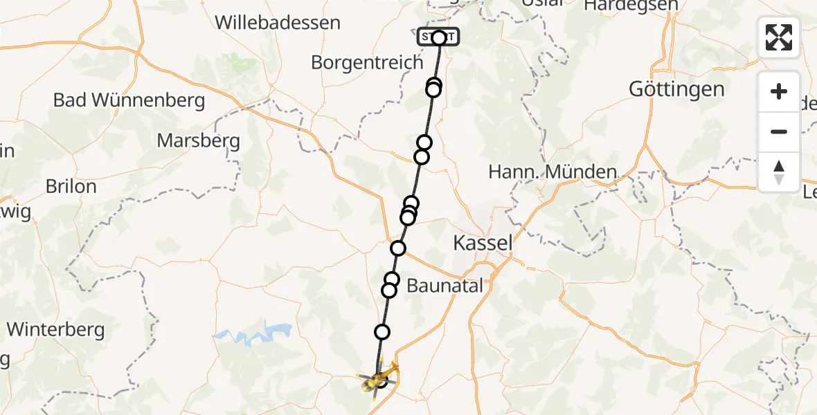 Flugroute Rettungshubschrauber Hölleberg Flugplatz - Fritzlar, 12 Juni 2026, 12:50