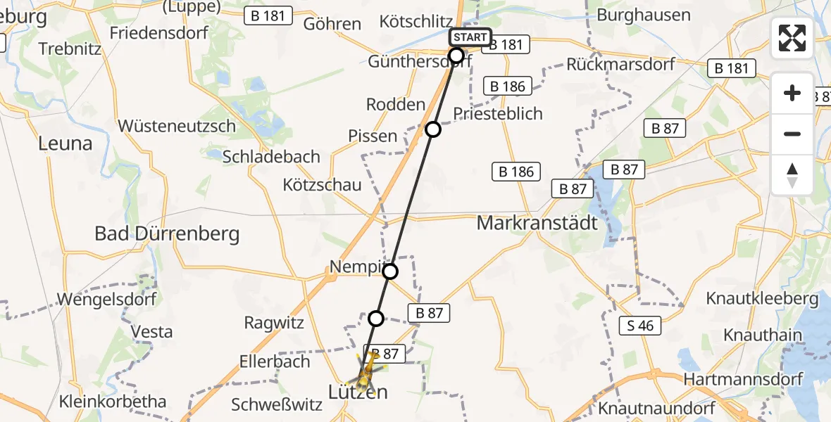 Flugroute Rettungshubschrauber ADAC Air Rescue Station Leipzig/Schkeuditz-Dölzig Hubschrauberlandeplatz (Christoph 61) - Lützen, 12 Juni 2026, 12:52