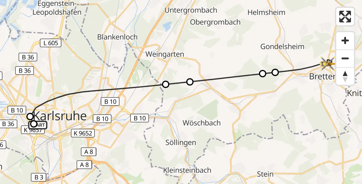 Flugroute Ambulanzhubschrauber Sankt Vincentius Hospital - Bretten, 12 Juni 2026, 12:52