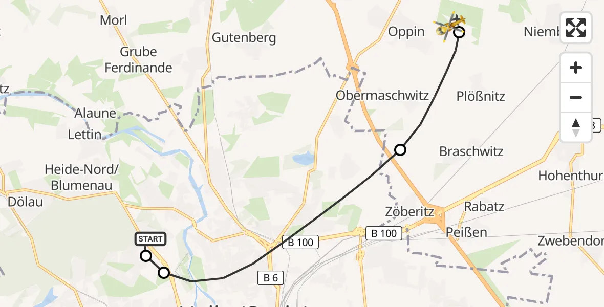 Flugroute Rettungshubschrauber Halle (Saale) University Hospital - Halle-Oppin Flugplatz, 12 Juni 2026, 12:53