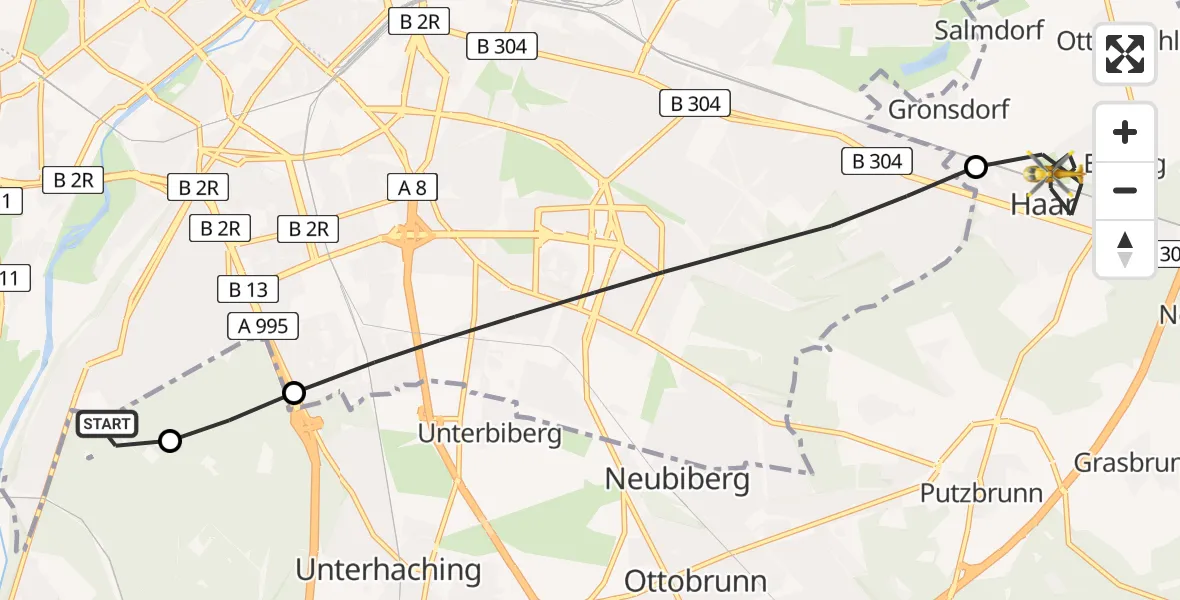 Flugroute Rettungshubschrauber ADAC Air Rescue Center Hubschrauberlandeplatz (Christoph 1) - Haar, 12 Juni 2026, 13:05