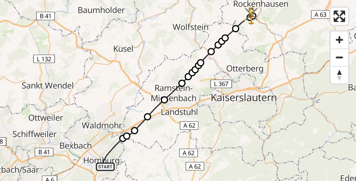 Flugroute Rettungshubschrauber Homburg - Imsweiler UL, 12 Juni 2026, 13:06