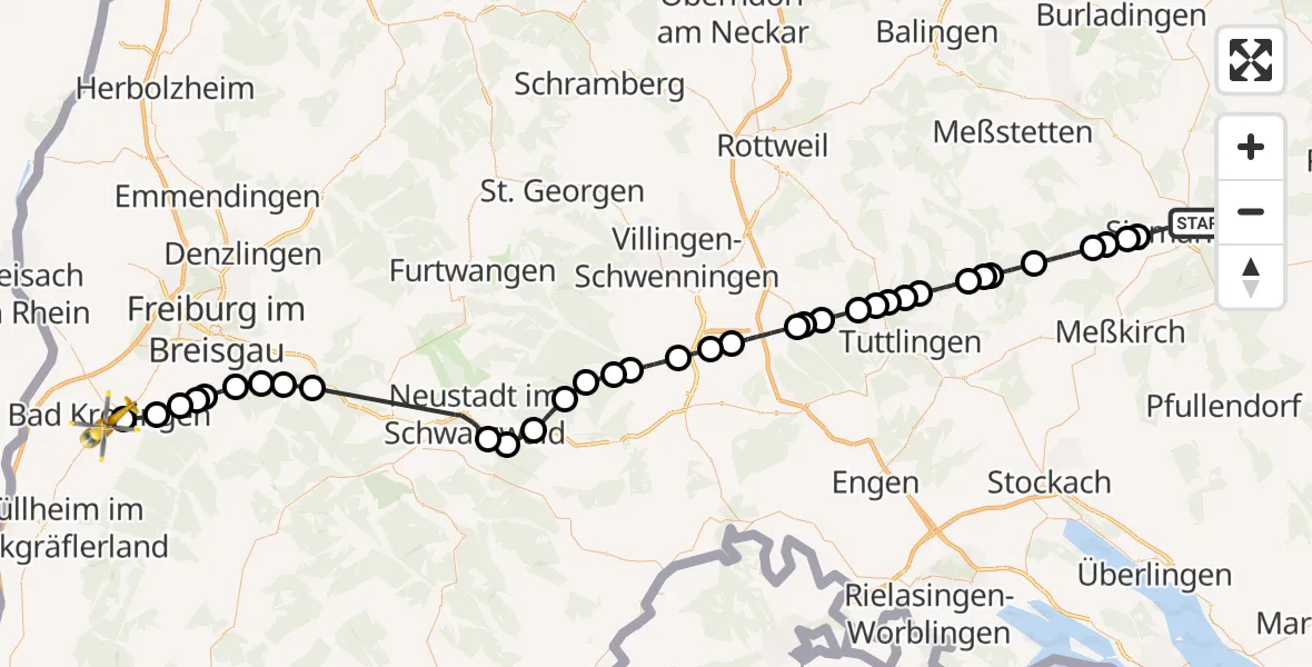 Flugroute Ambulanzhubschrauber Sigmaringen - Bad Krozingen, 12 Juni 2026, 13:11