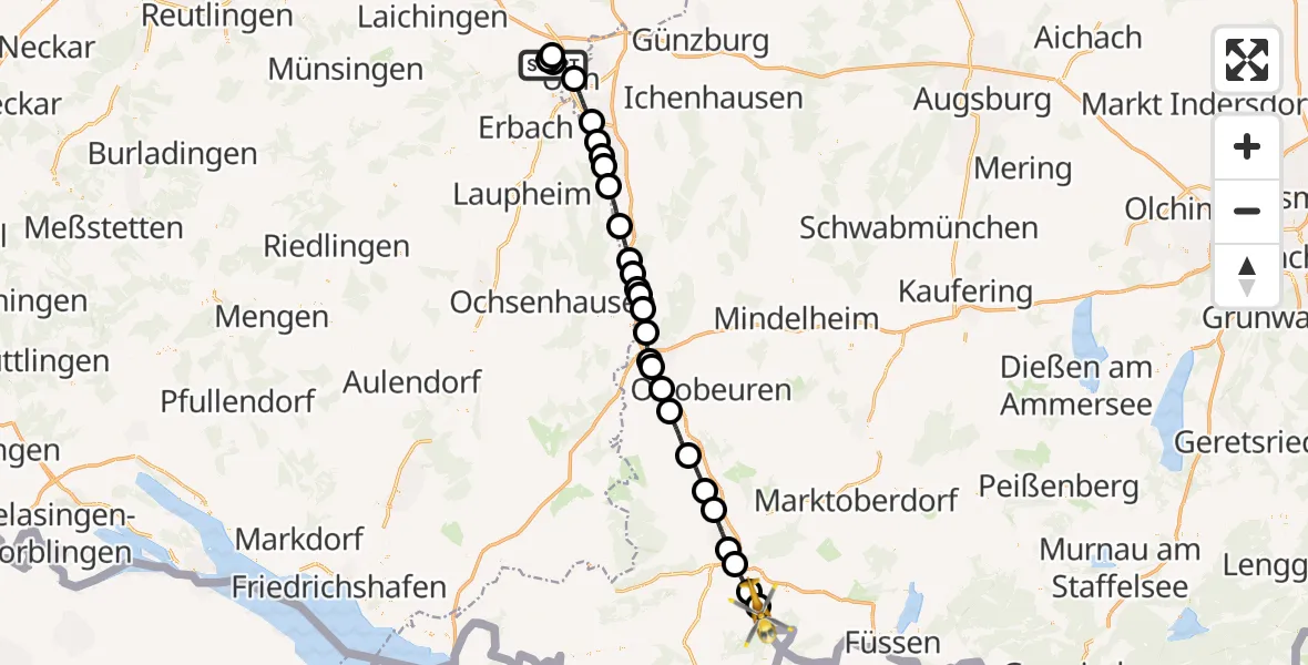 Flugroute Rettungshubschrauber Ulm Military Hospital Emergency - Wertach, 12 Juni 2026, 13:12