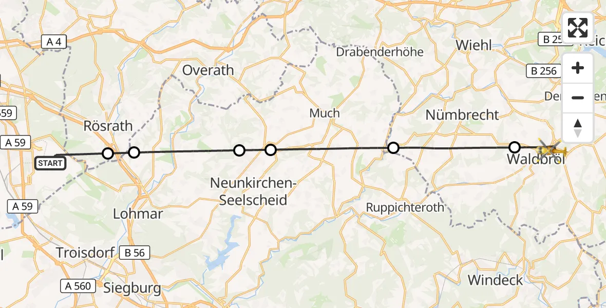 Flugroute Rettungshubschrauber Köln Bonn Flughafen - Waldbröl, 12 Juni 2026, 13:13