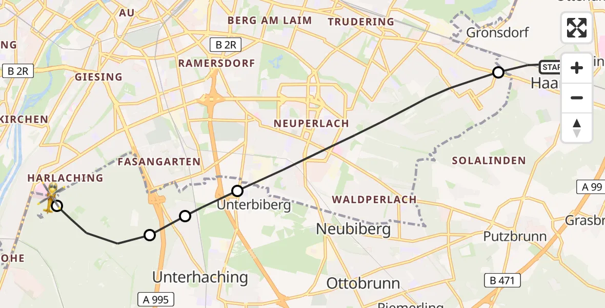 Flugroute Rettungshubschrauber Haar - ADAC Air Rescue Center Hubschrauberlandeplatz (Christoph 1), 12 Juni 2026, 13:17