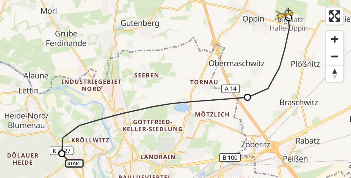 Flugroute Rettungshubschrauber Halle (Saale) University Hospital - Halle-Oppin Flugplatz, 12 Juni 2026, 13:21