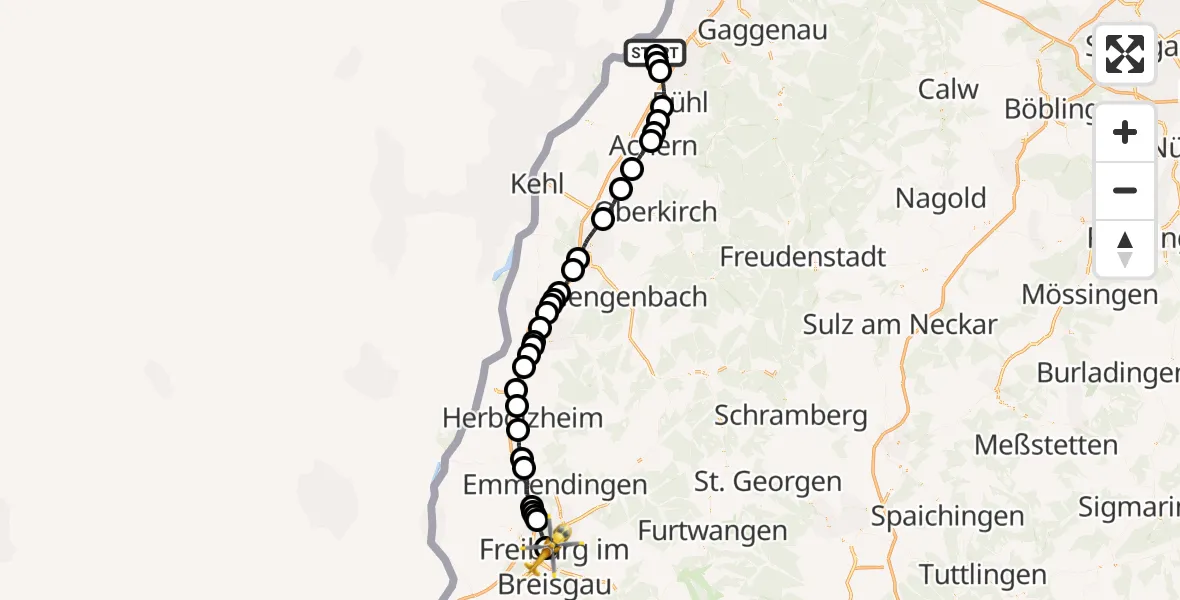 Flugroute Ambulanzhubschrauber Karlsruhe Baden-Baden Flughafen - Freiburg im Breisgau Flugplatz, 12 Juni 2026, 13:23