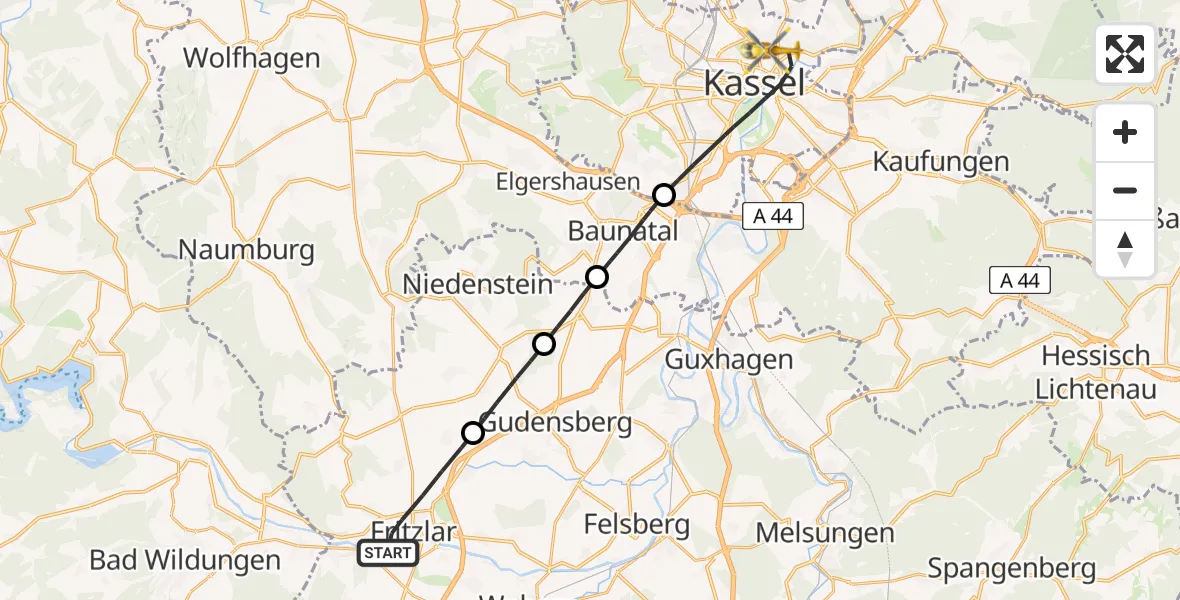 Flugroute Rettungshubschrauber Fritzlar - Kassel, 12 Juni 2026, 13:26